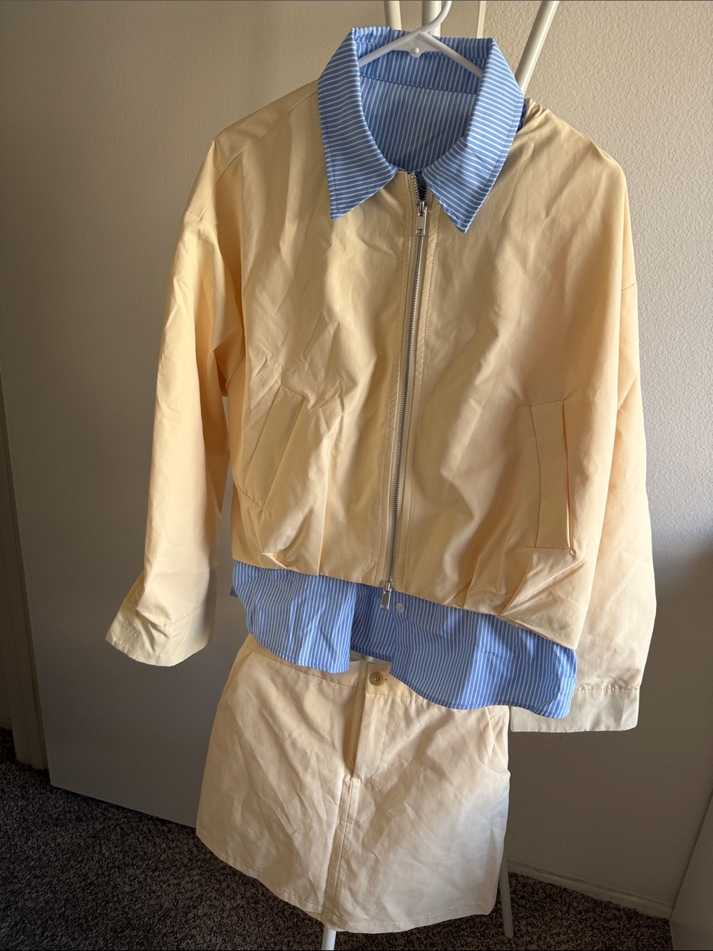 Light Yellow Jacket and Skirt Set with Blue Stripe Collar